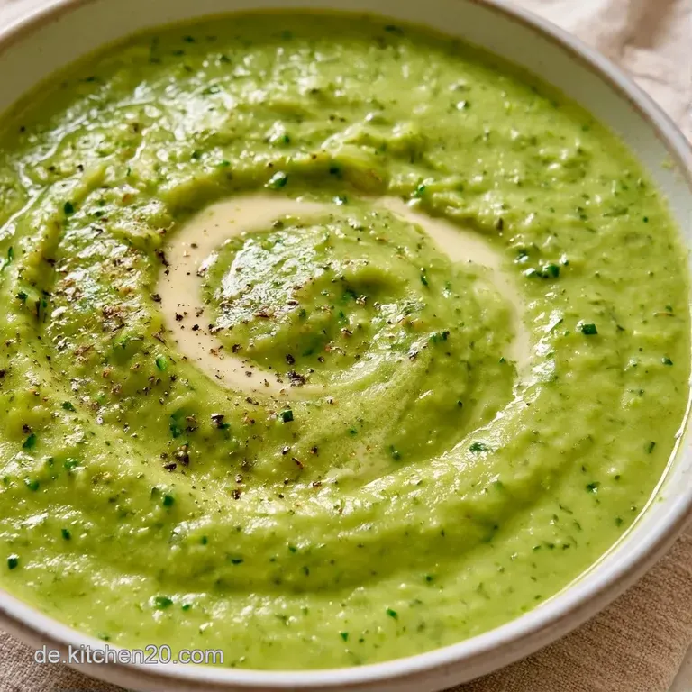 Ein eleganter wei&szlig;er Teller mit samtiger gr&uuml;ner Cremesuppe, garniert mit ger&ouml;steten Kernen auf rustikalem Leinen.