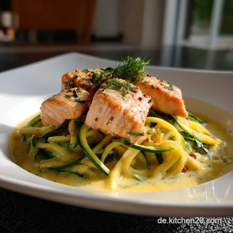Perfectly seared salmon fillet atop a bed of spiralized zucchini noodles, garnished with lemon zest and fresh herbs. A lig...