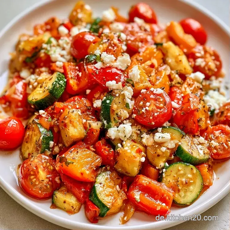 Bunt gl&auml;nzendes Pfannengem&uuml;se auf einem wei&szlig;en Teller, verfeinert mit frischen Kr&auml;utern und zartem, wei&szlig;em Feta.