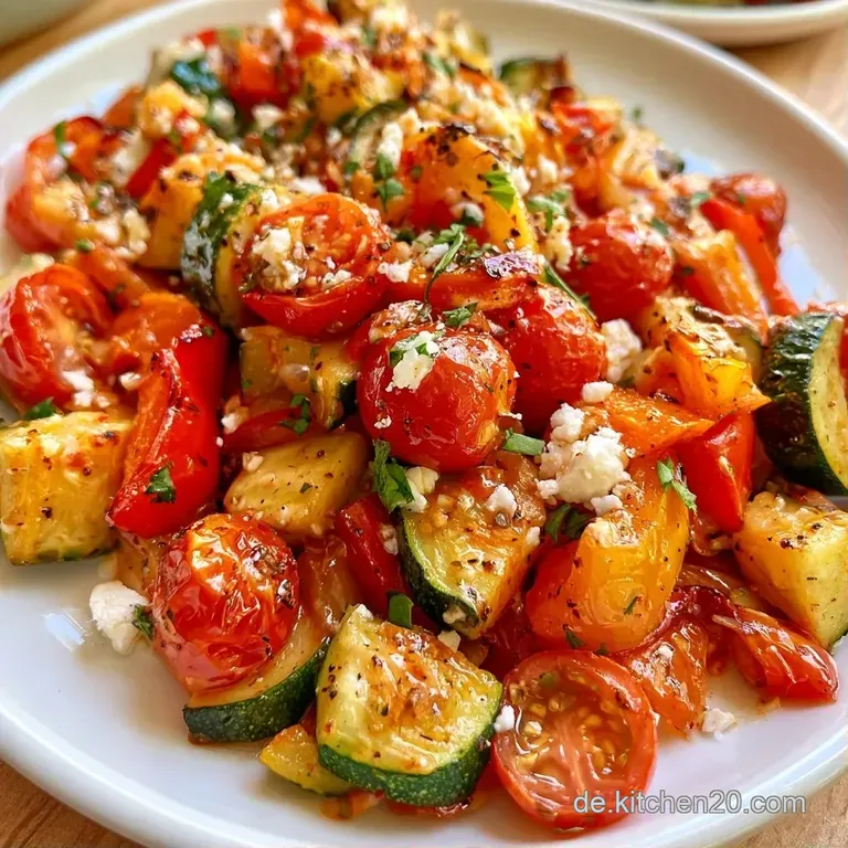Ein farbenfroher Teller mit gl&auml;nzenden Zucchini-St&uuml;cken, cremigen Feta-W&uuml;rfeln und einer Prise schwarzem Pfeffer.