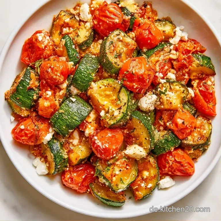 Elegant servierte Pfanne mit gl&auml;nzenden roten Tomaten, gr&uuml;nen Zucchini und wei&szlig;em Feta auf einem schlichten Teller.