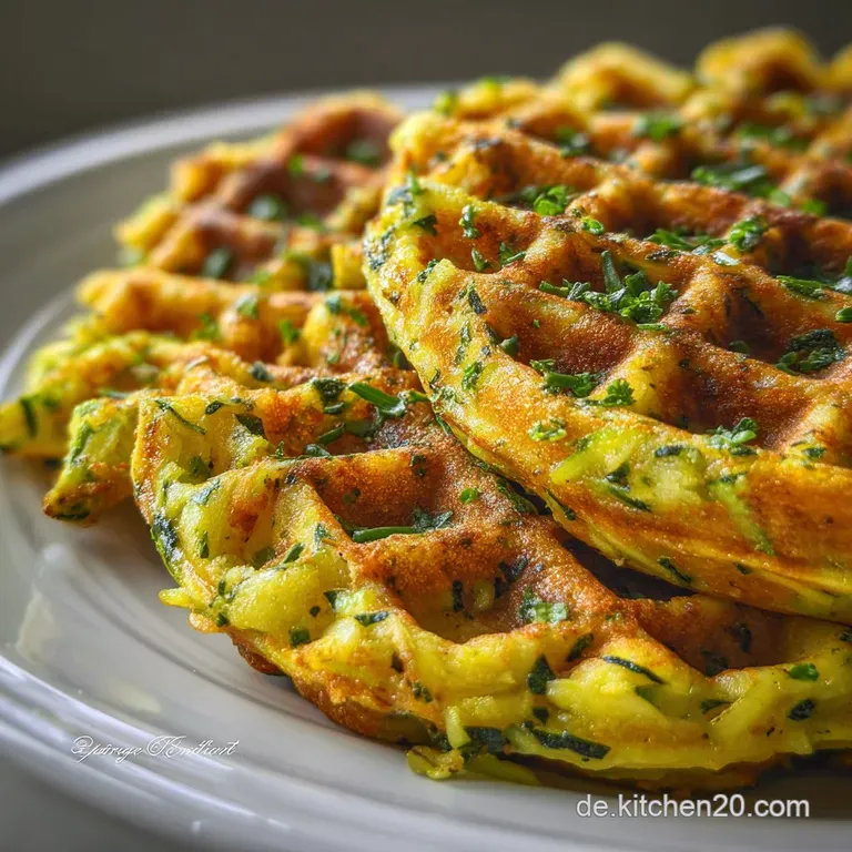 A single, perfectly formed zucchini waffle on a white plate. Vibrant green herbs contrast the waffle's golden crust, a dri...
