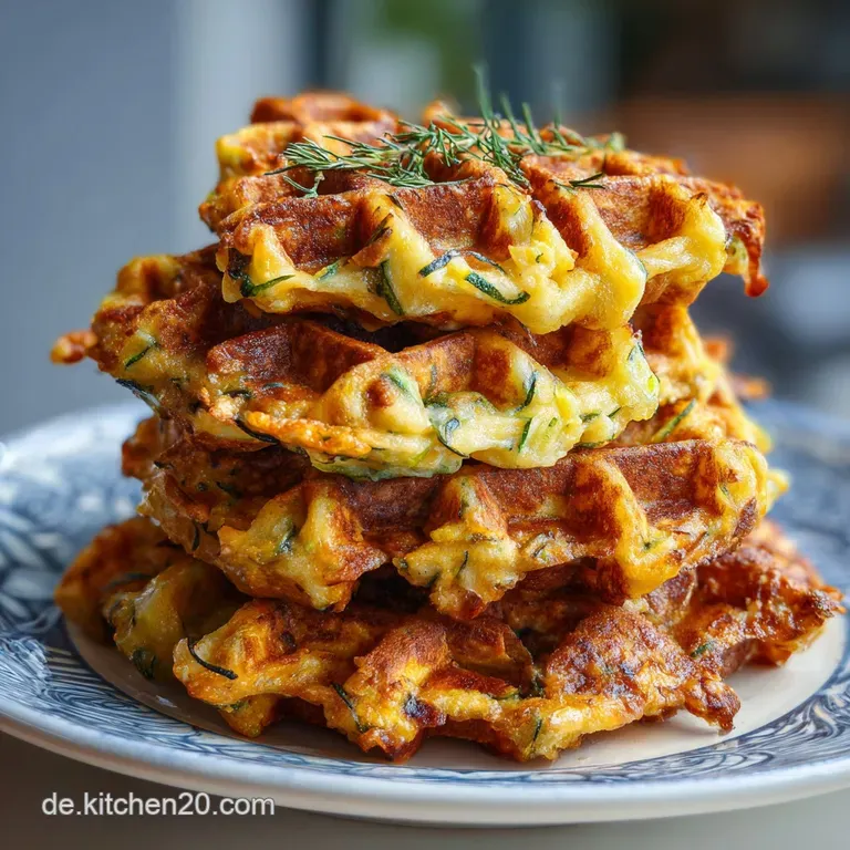 A single golden-brown zucchini cheddar waffle, garnished with herbs and a dollop of creamy sauce, elegantly plated for a s...