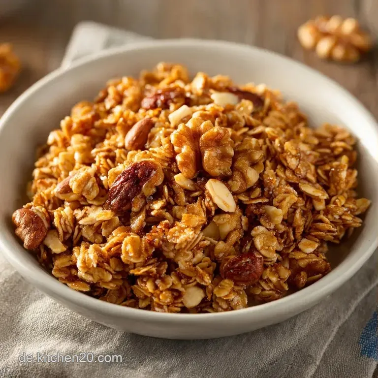 Ein kleiner Haufen goldgelbes M&uuml;sli auf einem wei&szlig;en Teller, garniert mit frischen Blaubeeren und einem Klecks Joghurt.