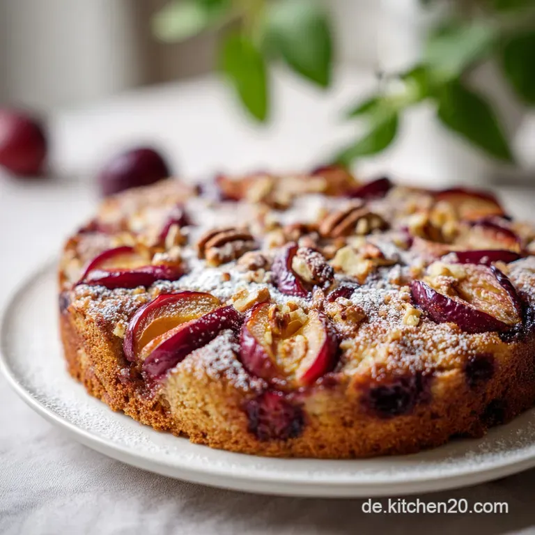 Slice of nutty plum cake with powdered sugar dusting. The cake's moist crumb and dark plums are inviting. Elegant plating.