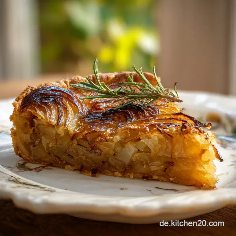 A generous slice of savory onion tart with flaky pastry, artfully placed on a rustic wooden board.